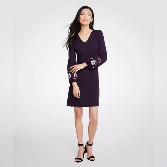 ANN TAYLOR Embroidered Sleeve Flare Shift Dress Purple V-Neck Long Sleeve Size L - Picture 1 of 14